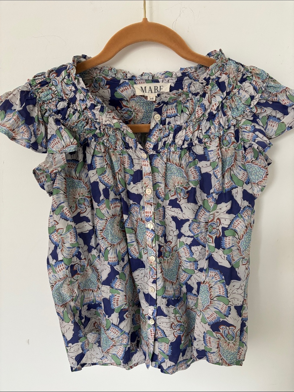 M.A.B.E. flowy top, cotton/silk, ruffle cap sleeves, blue/green floral, size S